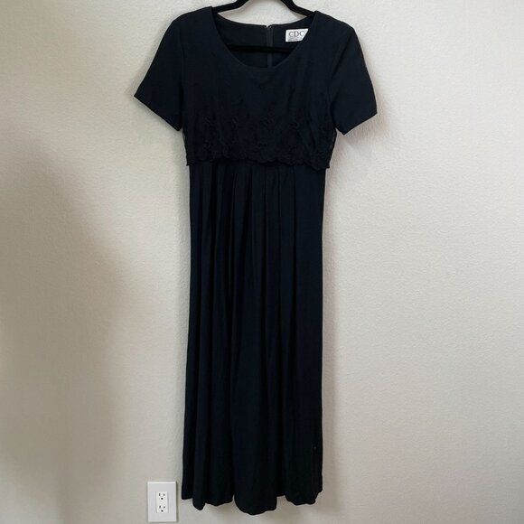 Vintage CDC Womens 4 Black Maxi Dress Short Sleeve Embroidered Bodice Babydoll - Picture 11 of 16